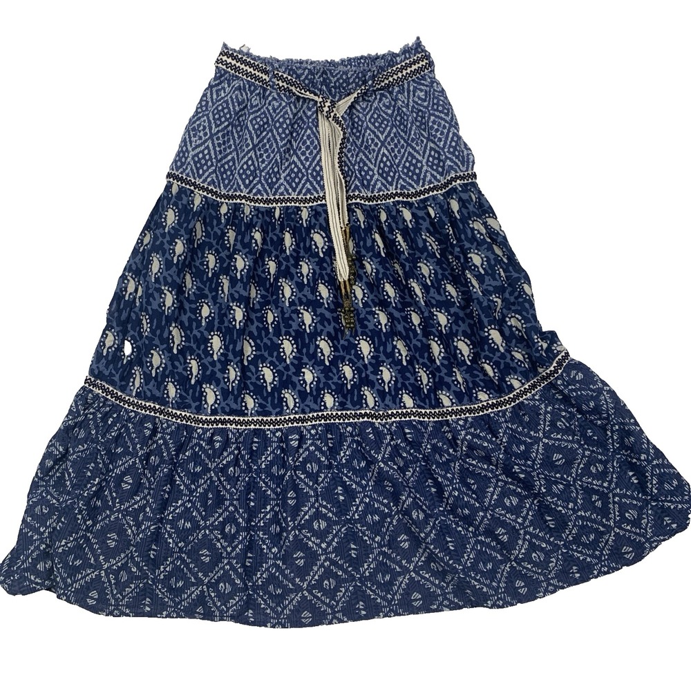 Zara Blue Boho Print Tiered Maxi Skirt Womens Medium M Elastic Tassel Tie